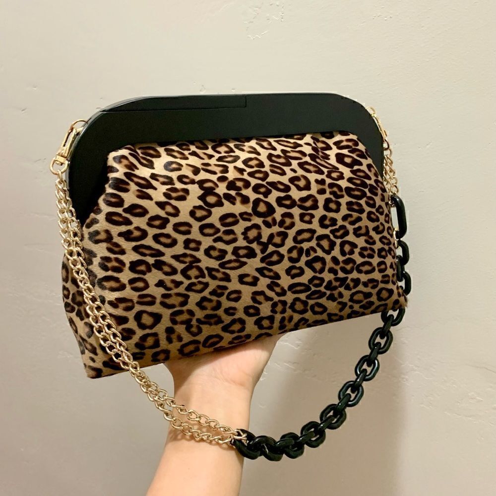 Handmade Real Hair-on-horsehide Leopard Print Wooden Frame Bag & 2 Straps Styles